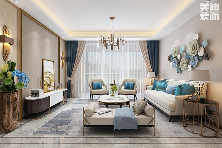 新華聯夢想城109平港式輕奢風裝修案例效果圖--客廳