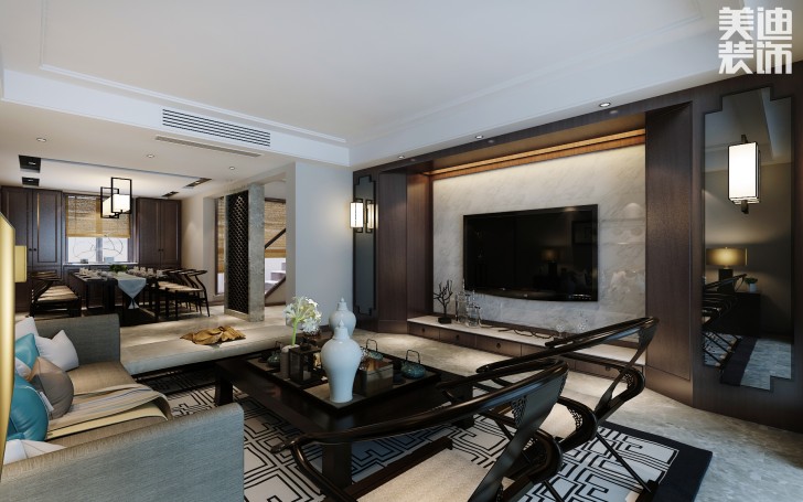 蘭僑公館320平米新中式風格裝修案例效果圖--客廳