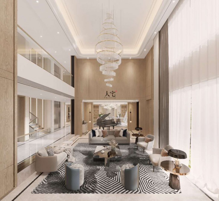 龍湖湘風原著1248平方米現代輕奢風格案例效果圖-客廳