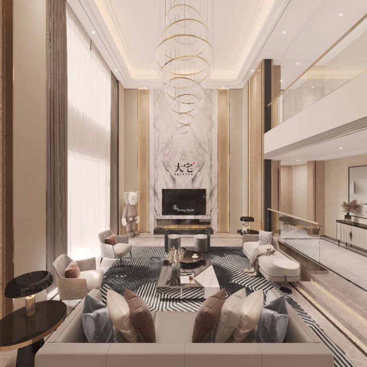 龍湖湘風原著1248平方米現代輕奢風格案例效果圖-客廳