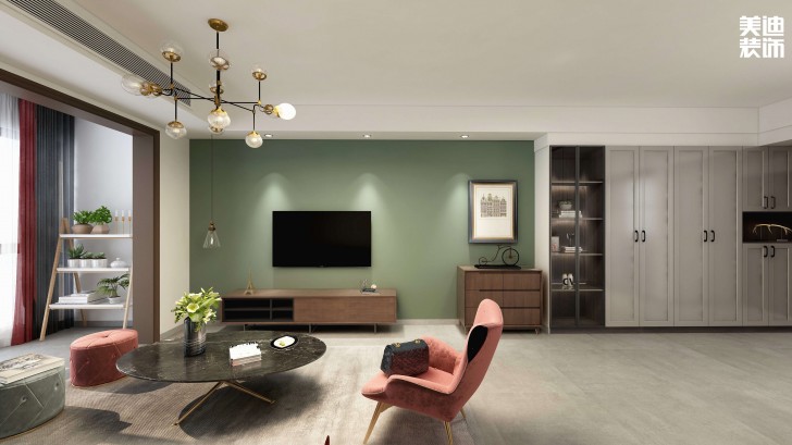 時代港灣89㎡復古風格案例效果圖-客廳