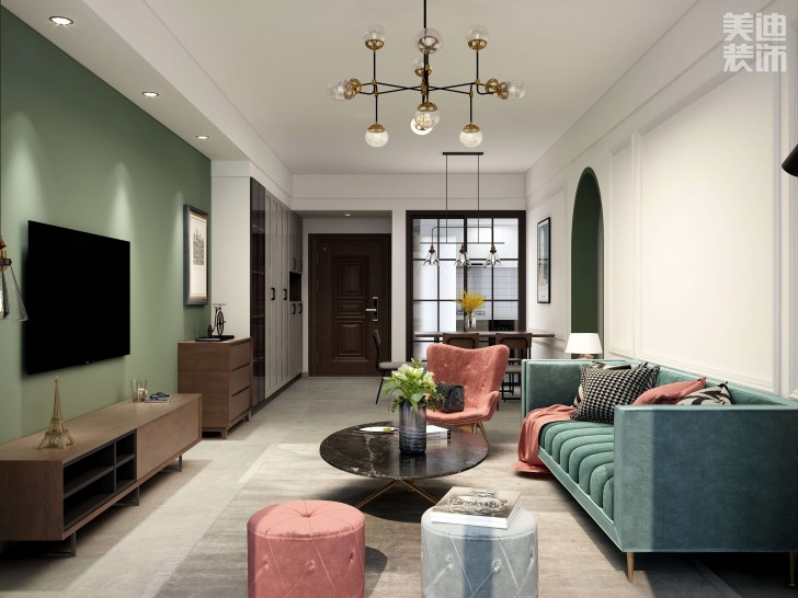 時代港灣89㎡復古風格案例效果圖-客廳