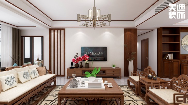 合能楓丹麗舍140㎡中式風格案例效果圖—客廳