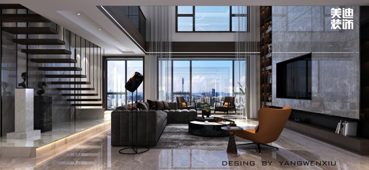 華天雅苑300㎡現代輕奢風格案例效果圖—客廳